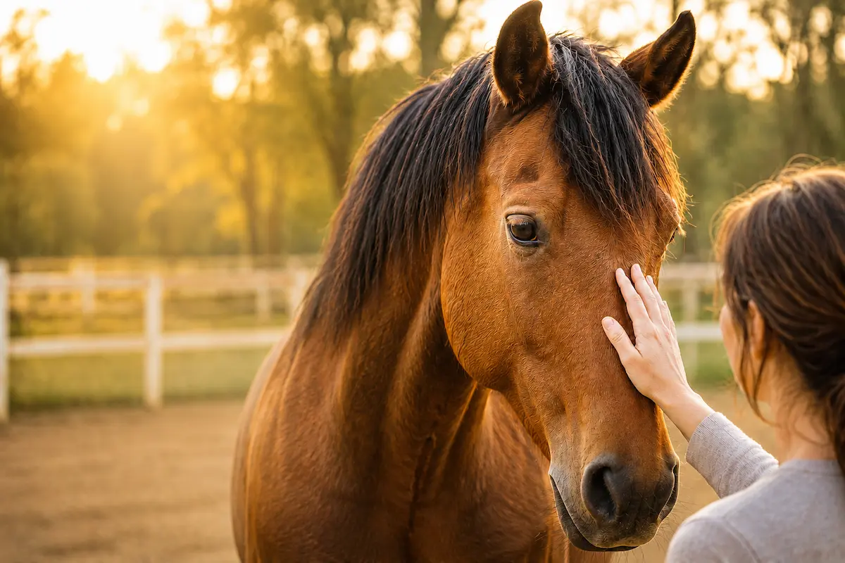 Cheval au regard expressif dans son environnement, illustrant un article sur son comportement et l’adaptation du soin énergétique
