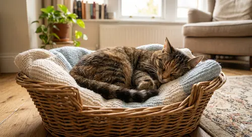 Un chat européen tigré dort paisiblement, roulé en boule dans un panier en osier rempli de couvertures douces.