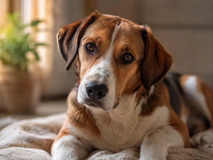 Chien au regard expressif allongé sur une couverture, illustration d’un article sur le comportement canin