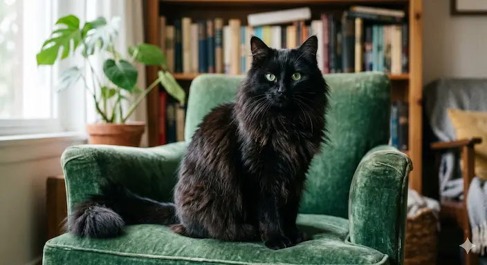 Tuck, chat noir à poils longs assis sur un fauteuil pendant sa période de récupération